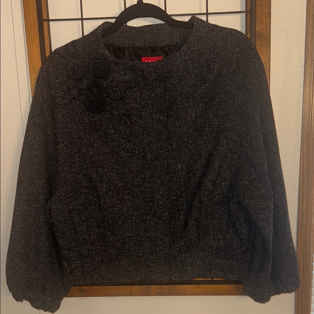 ELLE Chic Black Tweed Jacket with Floral Detail Size M